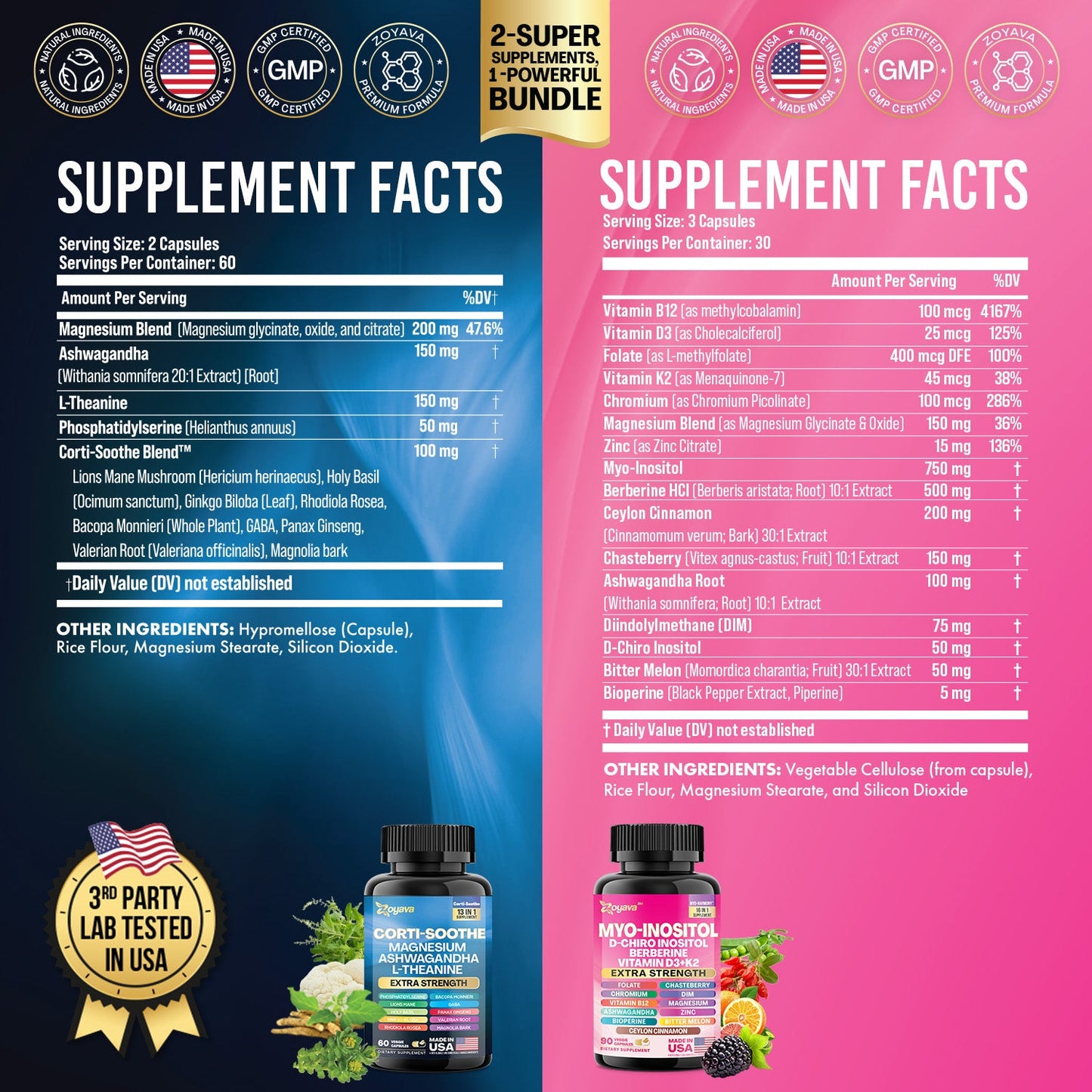Zoyava Soothe and Smooth Bundle: Cortisol 60 and Myo-Inositol 90 Capsules Supplement Bundle